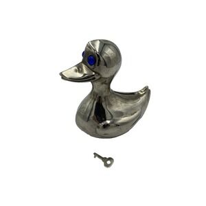 Vintage‎ Leonard Silver Plated Duck Coin Piggy Bank Blue Eyes WITH KEY